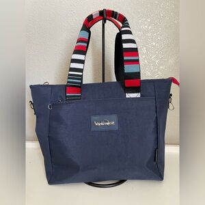 Kipling Navy Tote with Multicolor Striped Handles